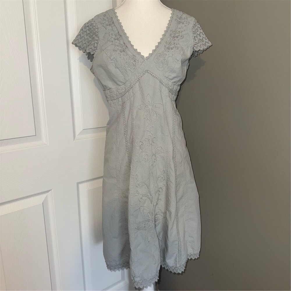 Gretty Zueger‎ Dress Womens L Blue Green Boho Prairie V-Neck Midi Length Cotton